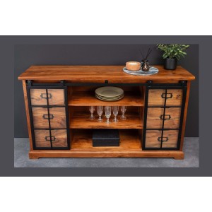 Buffet 150 cm 2 portes 6 tiroirs bois massif acacia et métal noir – Collection LUMBER