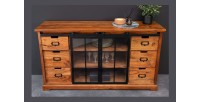 Buffet 150 cm 2 portes 6 tiroirs bois massif acacia et métal noir – Collection LUMBER