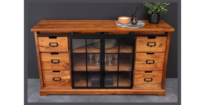 Buffet 150 cm 2 portes 6 tiroirs bois massif acacia et métal noir – Collection LUMBER