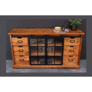 Buffet 150 cm 2 portes 6 tiroirs bois massif acacia et métal noir – Collection LUMBER
