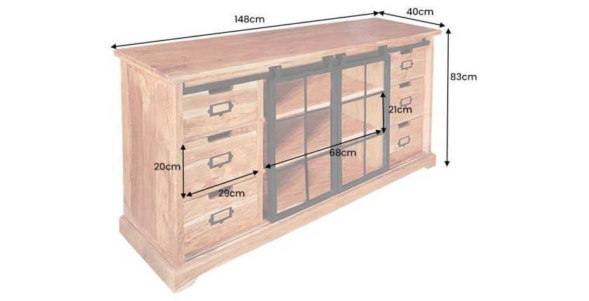 Buffet 150 cm 2 portes 6 tiroirs bois massif acacia et métal noir – Collection LUMBER