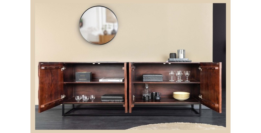 Buffet 175 cm 4 portes bois massif acacia noyer foncé – Collection ORIGIN