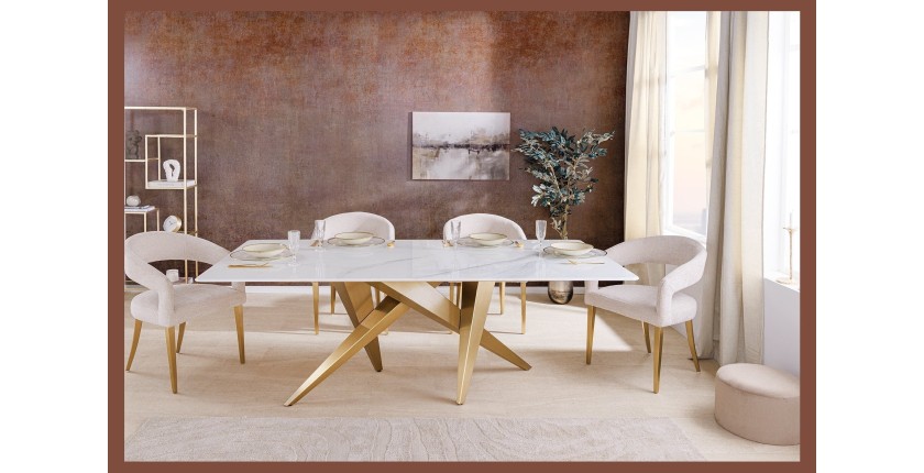 Table de salle à manger AXIS – Rectangulaire 200 cm – Effet marbre blanc – Pieds métal coloris or – Style chic