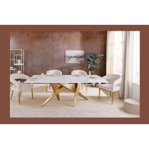 Table de salle à manger AXIS – Rectangulaire 200 cm – Effet marbre blanc – Pieds métal coloris or – Style chic