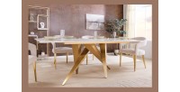 Table de salle à manger AXIS – Rectangulaire 200 cm – Effet marbre blanc – Pieds métal coloris or – Style chic
