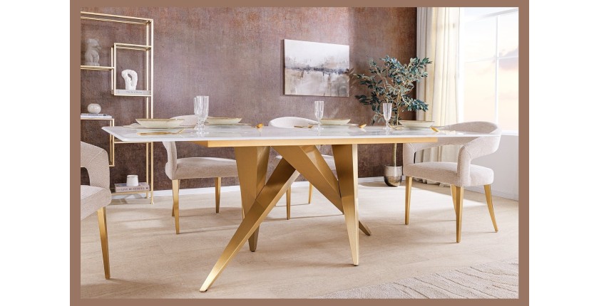 Table de salle à manger AXIS – Rectangulaire 200 cm – Effet marbre blanc – Pieds métal coloris or – Style chic