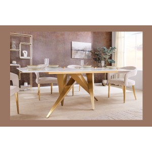 Table de salle à manger AXIS – Rectangulaire 200 cm – Effet marbre blanc – Pieds métal coloris or – Style chic