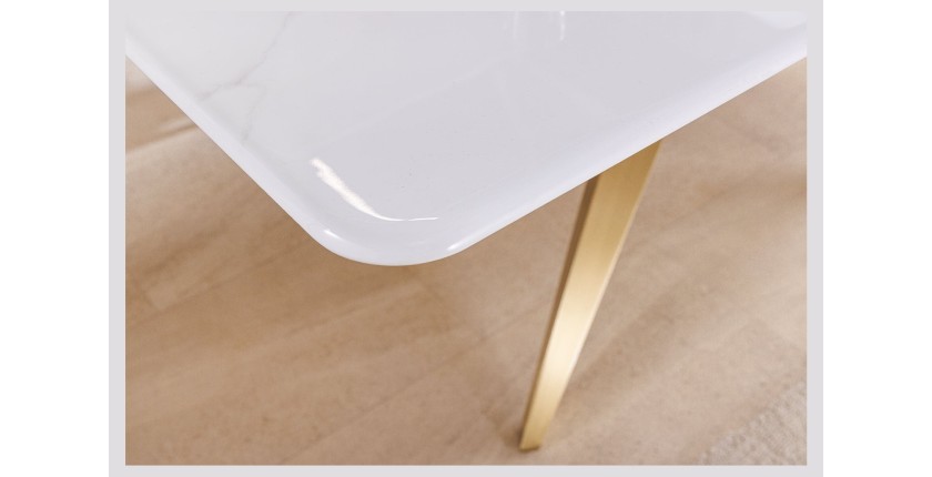 Table de salle à manger AXIS – Rectangulaire 200 cm – Effet marbre blanc – Pieds métal coloris or – Style chic