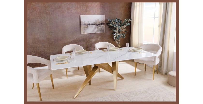 Table de salle à manger AXIS – Rectangulaire 200 cm – Effet marbre blanc – Pieds métal coloris or – Style chic