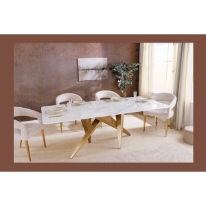 Table de salle à manger AXIS – Rectangulaire 200 cm – Effet marbre blanc – Pieds métal coloris or – Style chic