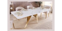Table de salle à manger AXIS – Rectangulaire 200 cm – Effet marbre blanc – Pieds métal coloris or – Style chic