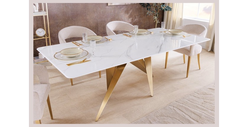 Table de salle à manger AXIS – Rectangulaire 200 cm – Effet marbre blanc – Pieds métal coloris or – Style chic