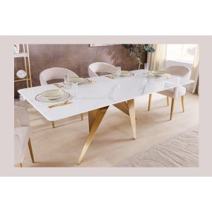 Table de salle à manger AXIS – Rectangulaire 200 cm – Effet marbre blanc – Pieds métal coloris or – Style chic
