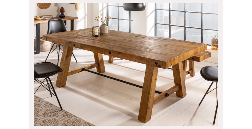 Table de salle à manger RANCHO – Rectangulaire 200 cm – Bois naturel et métal – Style rustique