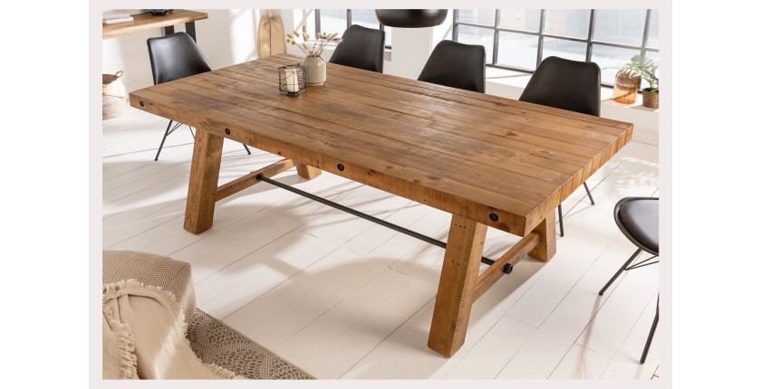 Table de salle à manger RANCHO – Rectangulaire 200 cm – Bois naturel et métal – Style rustique