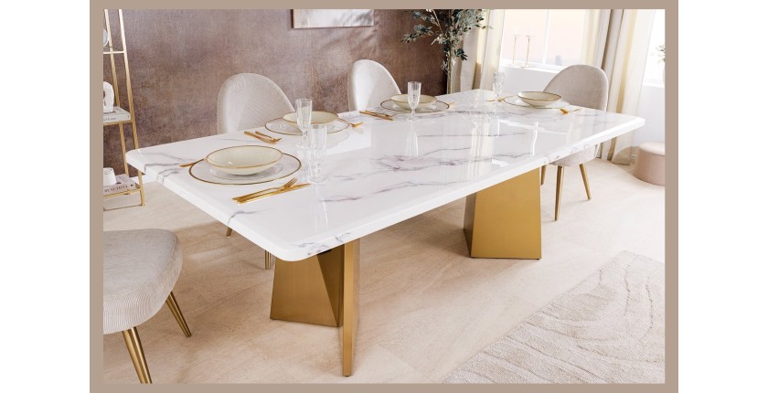 Table de salle à manger OREA – Rectangulaire – Marbre blanc et doré – Pieds métal – Style chic et moderne