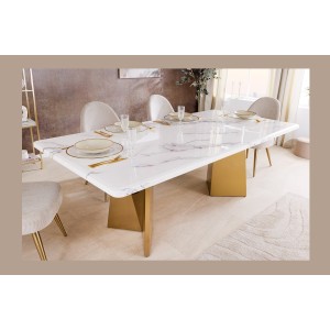 Table de salle à manger OREA – Rectangulaire – Marbre blanc et doré – Pieds métal – Style chic et moderne