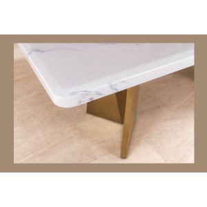 Table de salle à manger OREA – Rectangulaire – Marbre blanc et doré – Pieds métal – Style chic et moderne