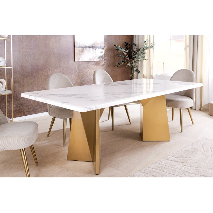 Table de salle à manger OREA – Rectangulaire – Marbre blanc et doré – Pieds métal – Style chic et moderne
