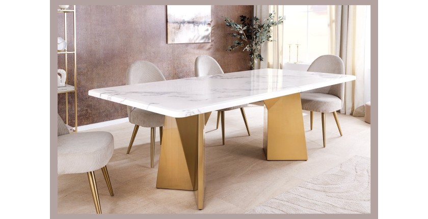 Table de salle à manger OREA – Rectangulaire – Marbre blanc et doré – Pieds métal – Style chic et moderne