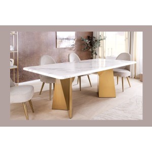 Table de salle à manger OREA – Rectangulaire – Marbre blanc et doré – Pieds métal – Style chic et moderne