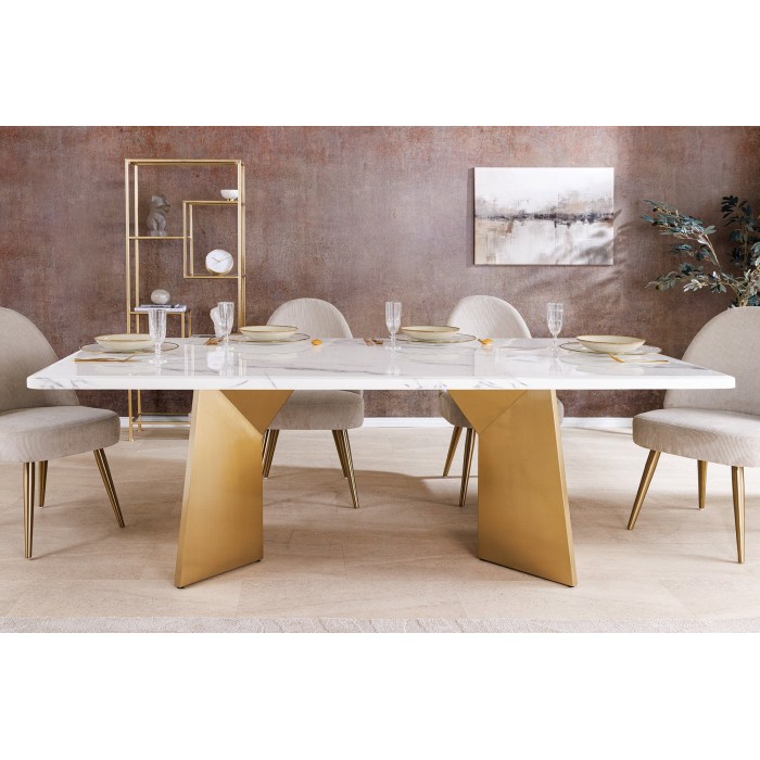 Table de salle à manger OREA – Rectangulaire – Marbre blanc et doré – Pieds métal – Style chic et moderne