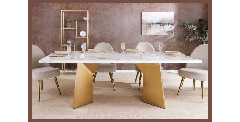 Table de salle à manger OREA – Rectangulaire – Marbre blanc et doré – Pieds métal – Style chic et moderne