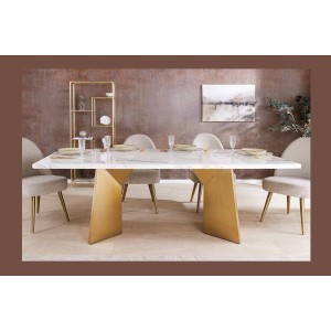 Table de salle à manger OREA – Rectangulaire – Marbre blanc et doré – Pieds métal – Style chic et moderne
