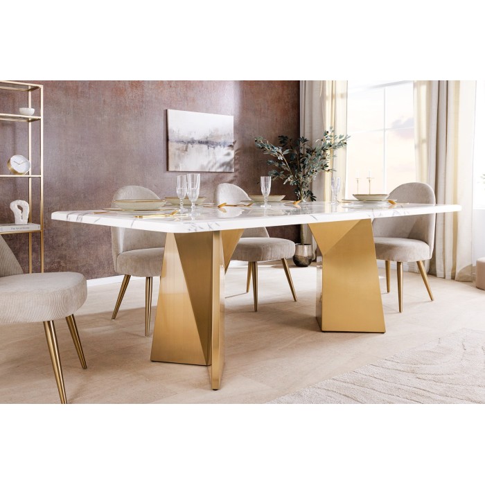 Table de salle à manger OREA – Rectangulaire – Marbre blanc et doré – Pieds métal – Style chic et moderne