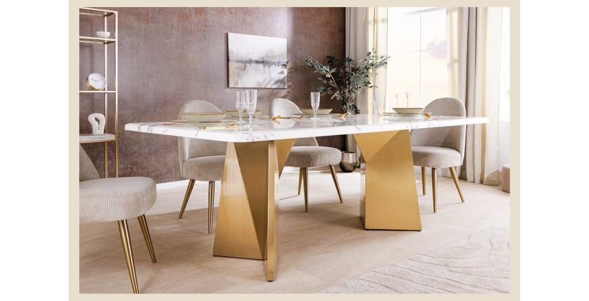 Table de salle à manger OREA – Rectangulaire – Marbre blanc et doré – Pieds métal – Style chic et moderne