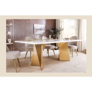 Table de salle à manger OREA – Rectangulaire – Marbre blanc et doré – Pieds métal – Style chic et moderne