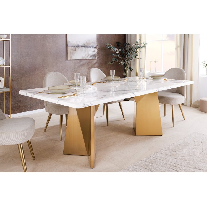 Table de salle à manger OREA – Rectangulaire – Marbre blanc et doré – Pieds métal – Style chic et moderne