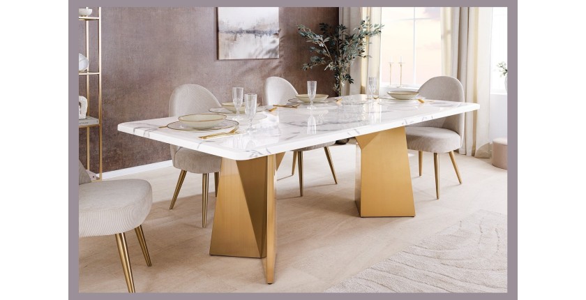 Table de salle à manger OREA – Rectangulaire – Marbre blanc et doré – Pieds métal – Style chic et moderne