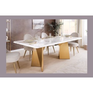 Table de salle à manger OREA – Rectangulaire – Marbre blanc et doré – Pieds métal – Style chic et moderne