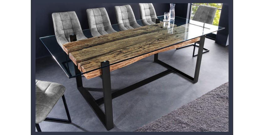 Table de salle à manger RAFTA – Rectangulaire 220 cm – Bois, métal et verre – Style industriel