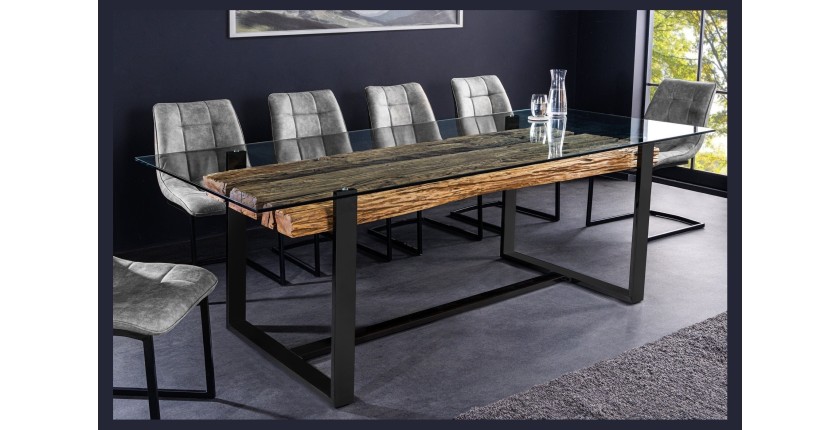 Table de salle à manger RAFTA – Rectangulaire 220 cm – Bois, métal et verre – Style industriel
