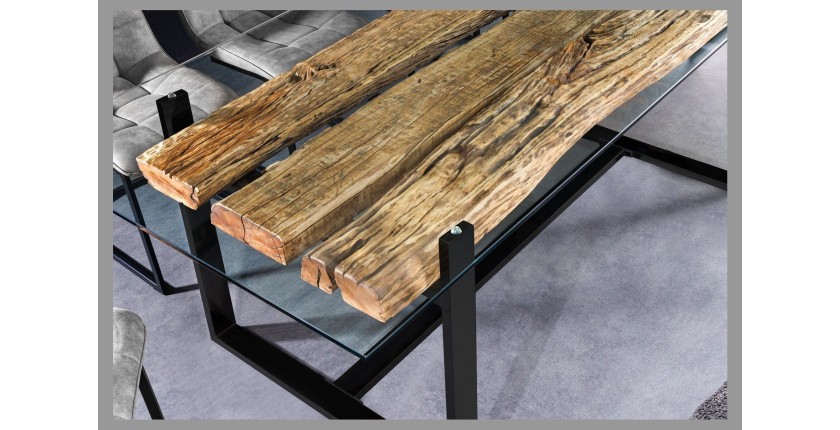 Table de salle à manger RAFTA – Rectangulaire 220 cm – Bois, métal et verre – Style industriel