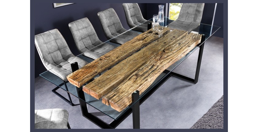 Table de salle à manger RAFTA – Rectangulaire 220 cm – Bois, métal et verre – Style industriel