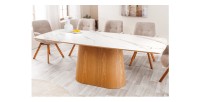 Table de salle à manger LUMEA – Rectangulaire 200 cm – Plateau céramique effet marbre blanc et pied aspect bois clair – Style co