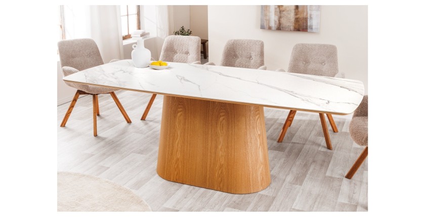 Table de salle à manger LUMEA – Rectangulaire 200 cm – Plateau céramique effet marbre blanc et pied aspect bois clair – Style co