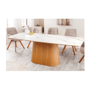 Table de salle à manger LUMEA – Rectangulaire 200 cm – Plateau céramique effet marbre blanc et pied aspect bois clair – Style co