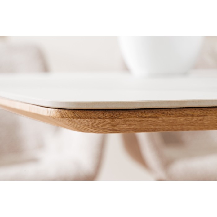 Table de salle à manger LUMEA – Rectangulaire 200 cm – Plateau céramique effet marbre blanc et pied aspect bois clair – Style co