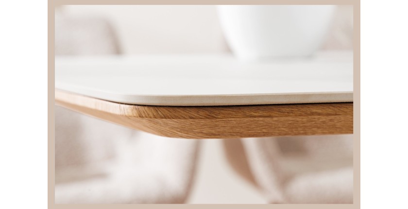 Table de salle à manger LUMEA – Rectangulaire 200 cm – Plateau céramique effet marbre blanc et pied aspect bois clair – Style co