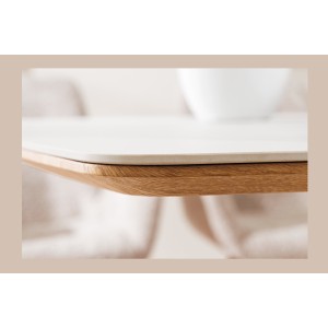 Table de salle à manger LUMEA – Rectangulaire 200 cm – Plateau céramique effet marbre blanc et pied aspect bois clair – Style co