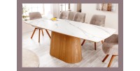 Table de salle à manger LUMEA – Rectangulaire 200 cm – Plateau céramique effet marbre blanc et pied aspect bois clair – Style co