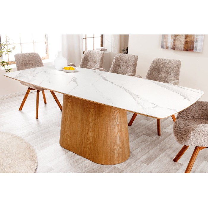 Table de salle à manger LUMEA – Rectangulaire 200 cm – Plateau céramique effet marbre blanc et pied aspect bois clair – Style co