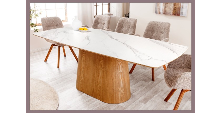Table de salle à manger LUMEA – Rectangulaire 200 cm – Plateau céramique effet marbre blanc et pied aspect bois clair – Style co