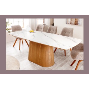 Table de salle à manger LUMEA – Rectangulaire 200 cm – Plateau céramique effet marbre blanc et pied aspect bois clair – Style co