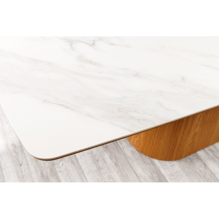 Table de salle à manger LUMEA – Rectangulaire 200 cm – Plateau céramique effet marbre blanc et pied aspect bois clair – Style co