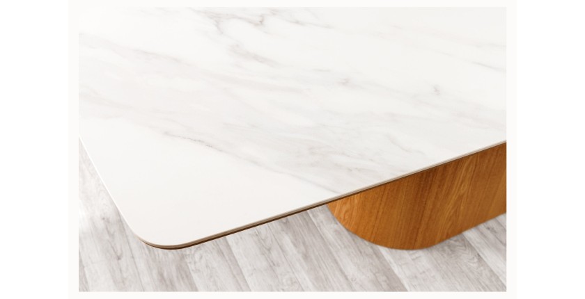 Table de salle à manger LUMEA – Rectangulaire 200 cm – Plateau céramique effet marbre blanc et pied aspect bois clair – Style co